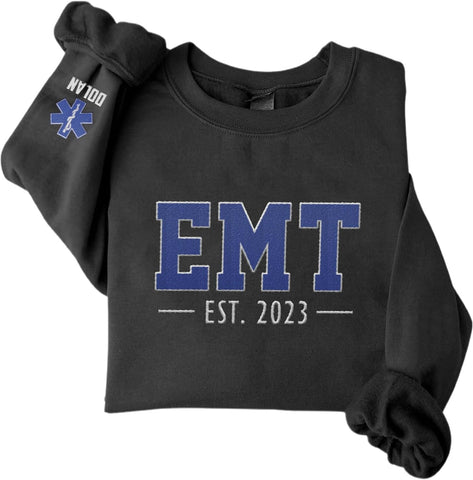 Personalized EMT EMS Paramedic Thin White Line Embroidered Sweatshirt, EMT Student, EMT Future, Medical Worker (Cotton, SS142), Small-5X-Large
