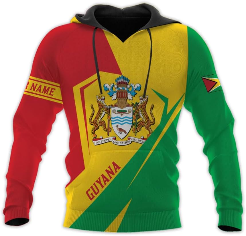 Leprints Personalized Guyana Hoodie 3D Guyanese Coat of Arms Flag Guyana 3D Sweatshirt Guyana Guyanese Pride Gift Zip Hoodie