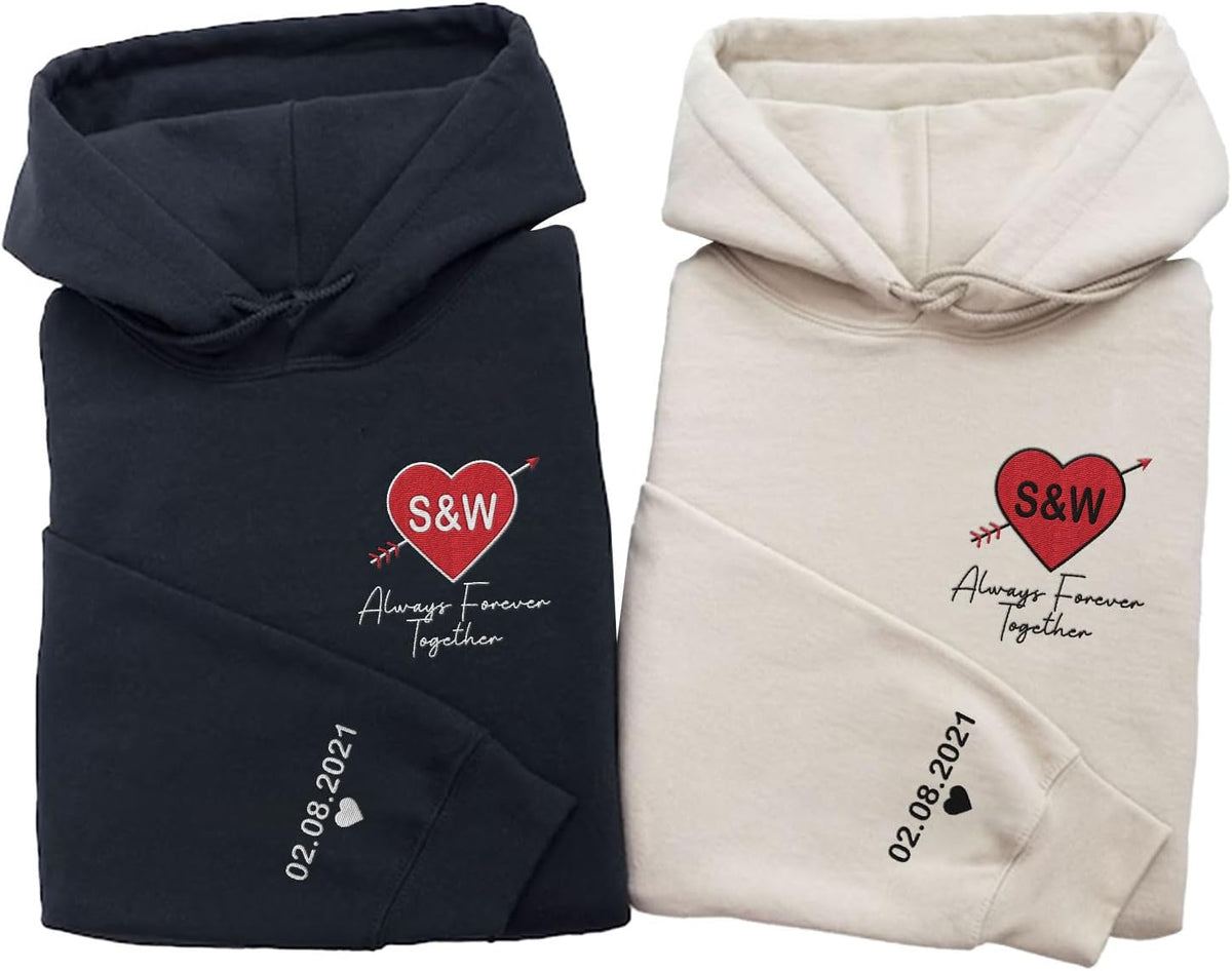 Personalized Embroidered Heart Hoodies For Couples, Matching Couple Sweaters Custom Anniversary Sweatshirts Spider Heart