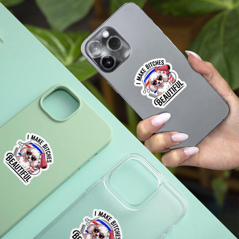 I Make Btches Beautiful Funny Dog Groomer 3" Stickers, Cute Poodle Design for Pet Stylists and Grooming Professionals Car Decal for Laptop Water Bottle Notebook Phone Case