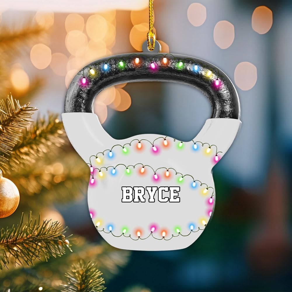 mostprints Personalized Dumbbell Ornament, Fitness Gift for Gym Workout Trainer Coach Instructor, Barbell Weight Plates Custom Ornament for Weightlifter, Weightlifting Ornament (D5)