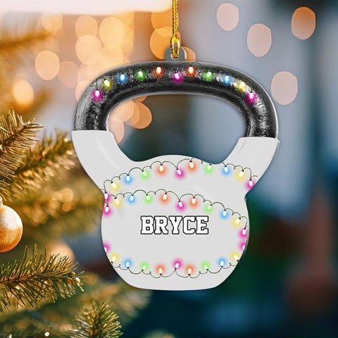 mostprints Personalized Dumbbell Ornament, Fitness Gift for Gym Workout Trainer Coach Instructor, Barbell Weight Plates Custom Ornament for Weightlifter, Weightlifting Ornament (D5)
