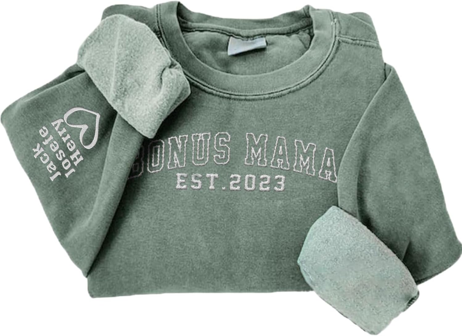 Personalized Bonus Mama Embroidered Sweatshirt, Bonus Mom Sweatshirt for Stepmom Step Mama Gifts Mother's Day 2024 (Cotton, SS183), Small-5X-Large