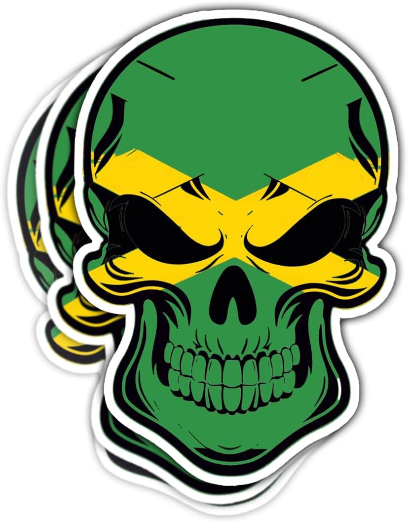 (3Pcs) Jamaica Skull Sticker, Jamaica Flag Decal, Jamaica Assesories, Skull Bumper Stickers for Cars, Jamaican Flag Skull Vinyl Sticker - Stickers for Laptop Water Bottle Phone Car Window Helmet 3"