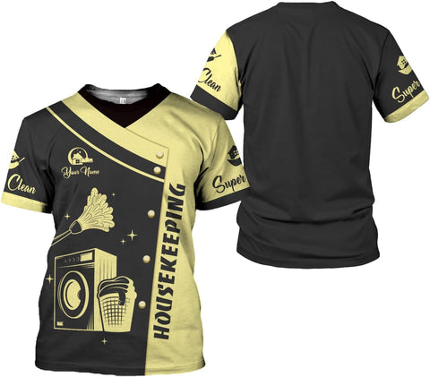 Personalized Housekeeping Shirts, Custom Cleaning Uniforms for Women 3D Cleaning Service Gifts Housekeeper Shirt Clean Lady