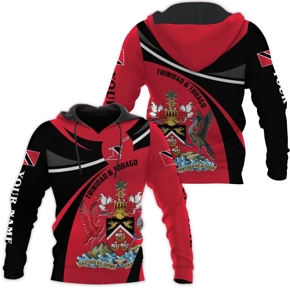 Vybonz Personalized Trinidad & Tobago Hoodie 3D Trinidad and Tobago Coat of Arms Flag Sweatshirt Trinidad Pride Zip Hoodie