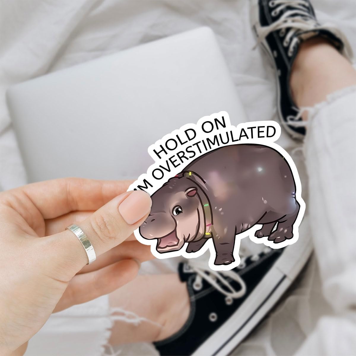 3 Pcs Hold On I'm Overstimulated Moo Deng Stickers Waterproof, Animal Moo Deng Funny Quote Stickers - Vinyl Sticker 3 Inches for Water Bottles Laptop Phone Car Window Helmet