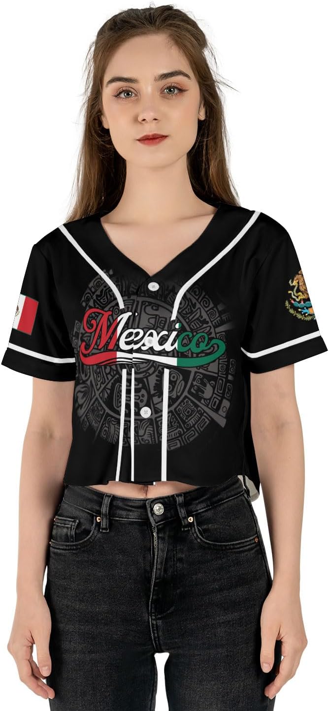 Mostprints Personalized Name Number Mexico Baseball Jersey Croptop Shirt, Mexican Shirts for Women, Mexico Shirts for Women