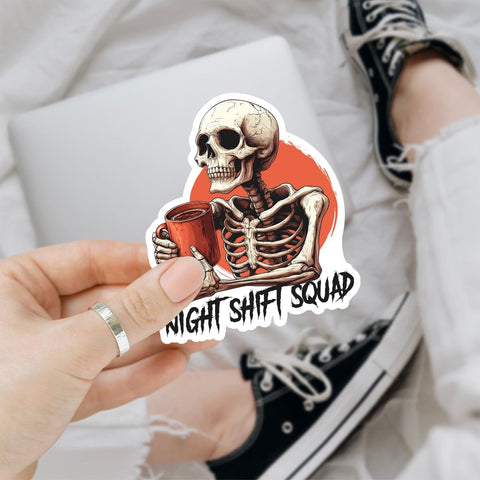 Night Shift Squad Sticker, Skeleton RN Nurse Coffee Stickers, 3 inches Waterproof Vinyl Sticker for Book Laptop Water Bottle Phone Case