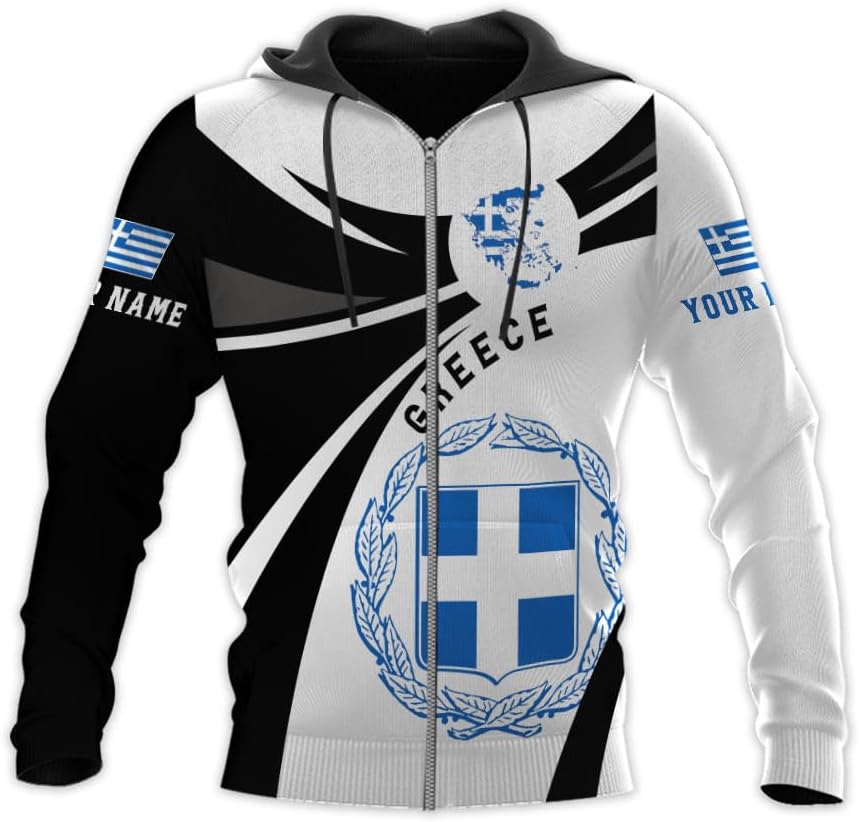 Suseaz Personalized Greece Hoodie Greek Coat of Arms Flag Grecian 3D Sweatshirt Greece Zip Hoodie Grecian Pride Gift Shirt