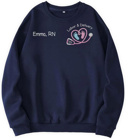 Suseaz Personalized Labor and Delivery Nurse Embroidered Sweatshirt, LD Sweatshirt Hoodie, L&D Sweater for Women