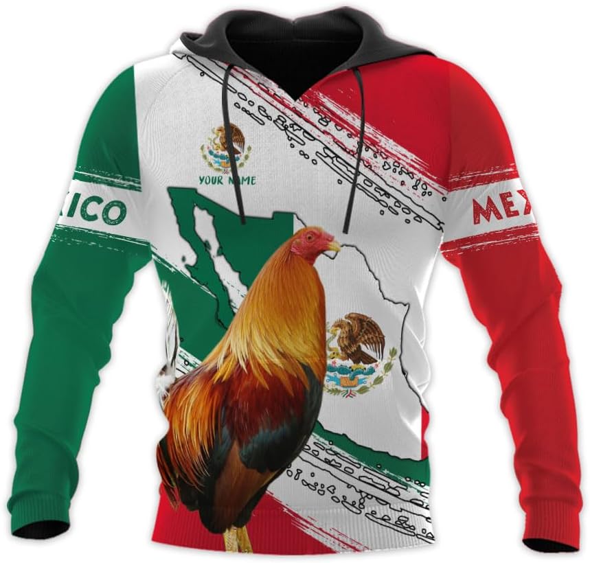 Mostprints Personalized Name Rooster Mexican Hoodie 3D, Mexican Hoodies for Men, Unisex Mexico Hoodie 3D, Mexico Hoodies for Men