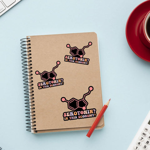 3 Pcs Serotonin in This Economy Sticker, Funny Mental Health Humor Sarcasm Sarcastic Anxiety Serotonin This Economy Vinyl Stickers Waterproof for Laptop Water Bottle Phone Car Helmet Gifts 3"x3"