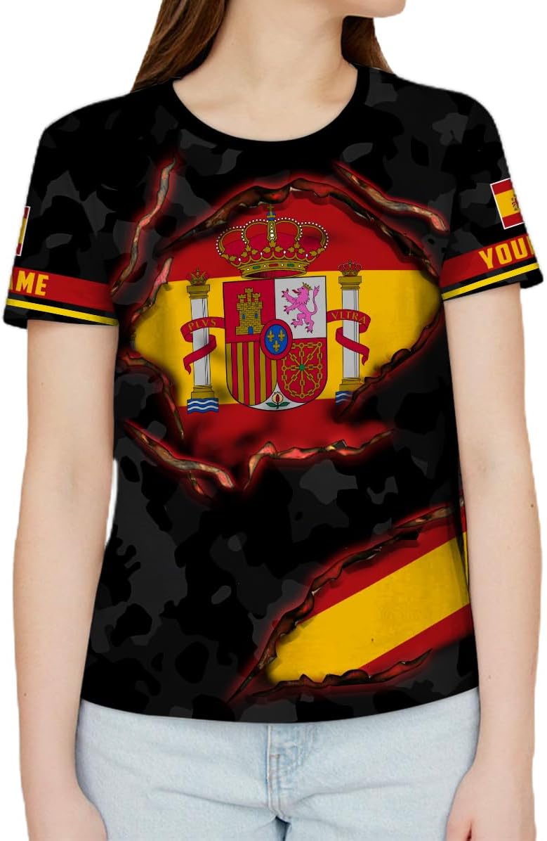 Ligthuy Personalized Name Spain Shirt 3D, Custom Spainish Shirt Flag for Men and Women, Italia Shirt Soccer Unisex Size