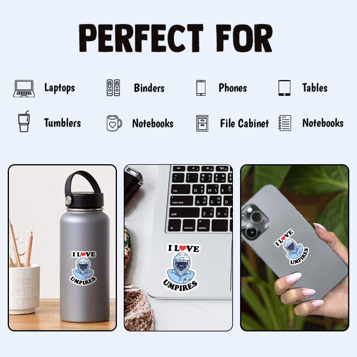 (3 Pcs) I Love Umpires Sticker - Sports Referee Baseball & Softball Umpire Quote Vinyl Decal for Laptop, Water Bottle, Phone, Car, Boat, Bumper, Window, Helmet - 3 Inch