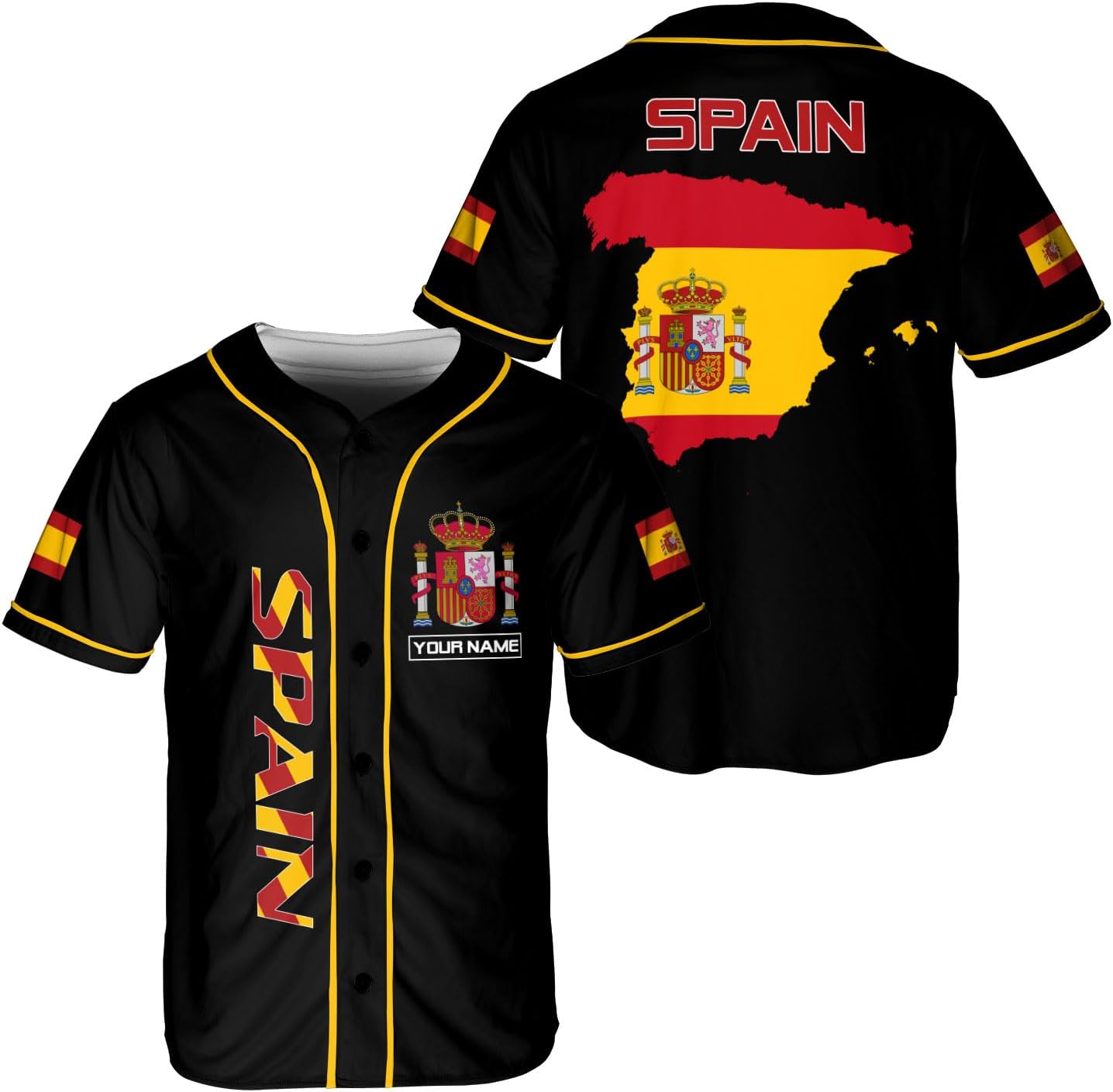 Podagree Personalized Spain Baseball Jersey, Spanish Proud Flag Jersey Shirt Espana Coat of Arms Peruvian Gift for Men Women