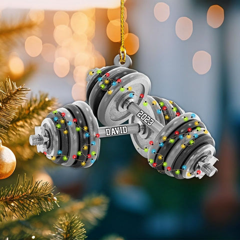HomeDesign Personalized Dumbbell Ornament, Fitness Gift for Gym Workout Trainer Coach Instructor, Barbell Weight Plates Custom Ornament for Weightlifter, Weightlifting Ornament (D9)