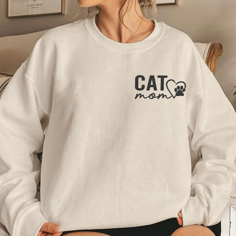 Custom Cat Mom Embroidered Sweatshirt, Personalized Cat Mom Crewneck Sweatshirt for Women, Cat Mama Shirt Gifts (Cotton, SS217)