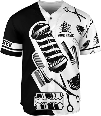 Custom Barber Shop Baseball Jersey Personalized Name Barber Shirt 3D for Men Women Hairdresser Shop Gift Scissors Pole Shirts