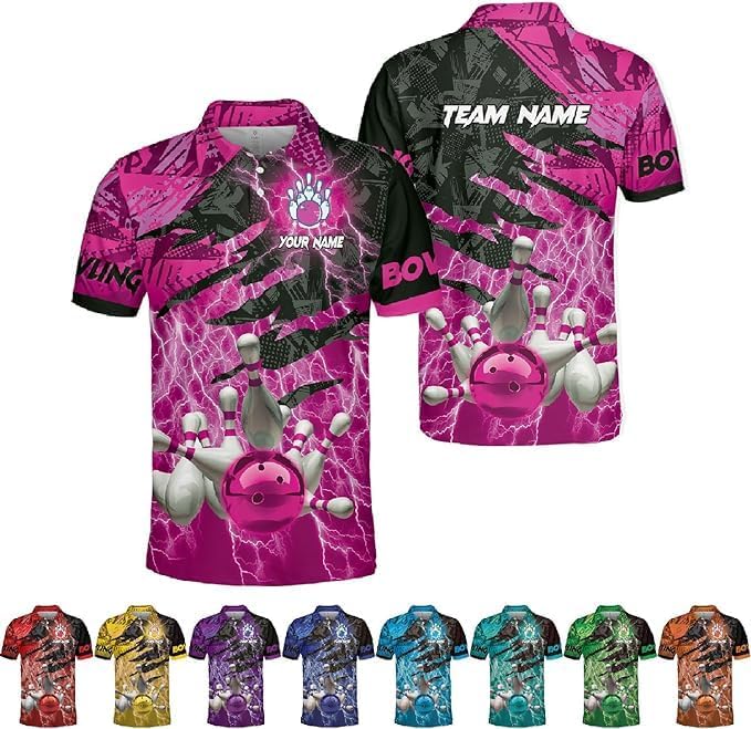 Personalized Name Bowling Polo Shirts 3D for Men & Women, Custom Bowling Shirts for Team, Bowling Team Polo Shirt (PE + 3-5% Spandex, PL107)
