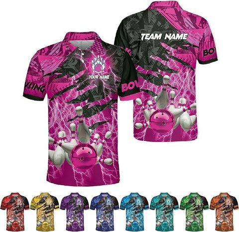 Personalized Name Bowling Polo Shirts 3D for Men & Women, Custom Bowling Shirts for Team, Bowling Team Polo Shirt (PE + 3-5% Spandex, PL107)