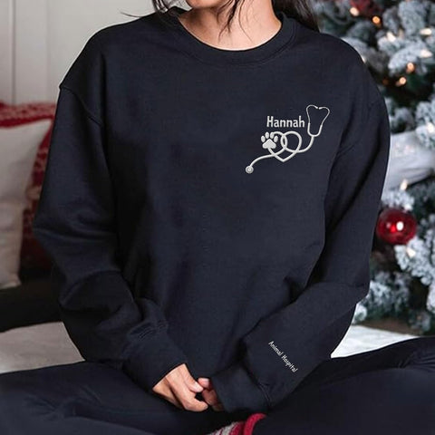 Intenprints Personalized Vet Embroidered Sweatshirt, Veterinarian Shirt with Name, Vet Tech Gift, Stethoscope and Dog Cat Paw