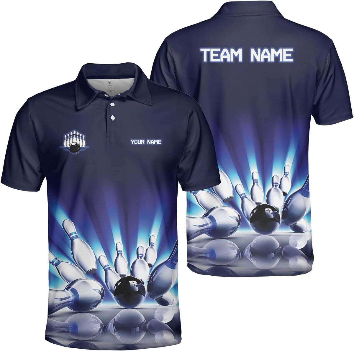 Personalized Name Bowling Polo Shirts 3D for Men & Women, Custom Bowling Shirts for Team, Bowling Team Polo Shirt (PE + 3-5% Spandex, PL100)