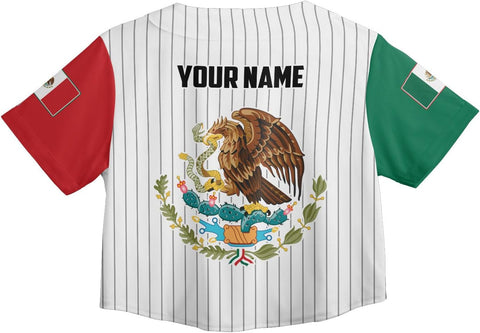 Intenprints Personalized Mexico Crop Top Baseball Jersey Shirt, Mexican Flag Jersey, Mexicano Jersey for Women Mexican Pride