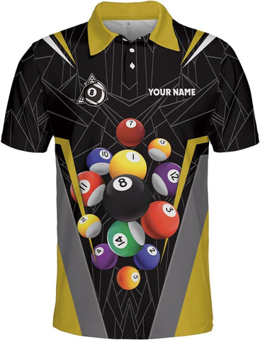 AOVL Personalized Name Billiard Polo Shirt Billiard Shirts Custom Billiard Flag Polo Shirt Men's Pool Billiard Gifts for Dad