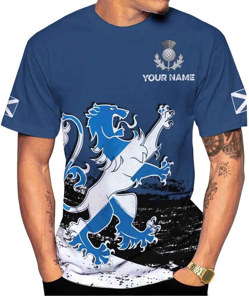 Custom Scotland Shirts for Men Scottish Rampant Lion Scotland Coat of Arms Banner T-Shirt Lion Scottish Pride Gift Shirts 3D