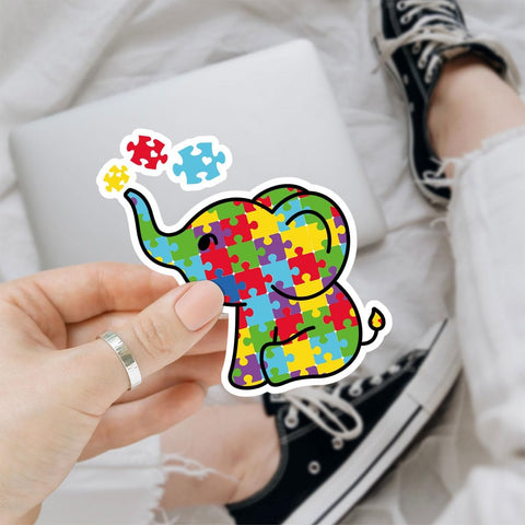 (3PCs) Autism Awareness Elephant Vinyl Sticker, Cute Elephant Puzzle Piece Sticker Vinyl Decal, Autism Awareness Waterproof Sticker - Stickers for Laptop Water Bottle Phone Car Helmet 3"