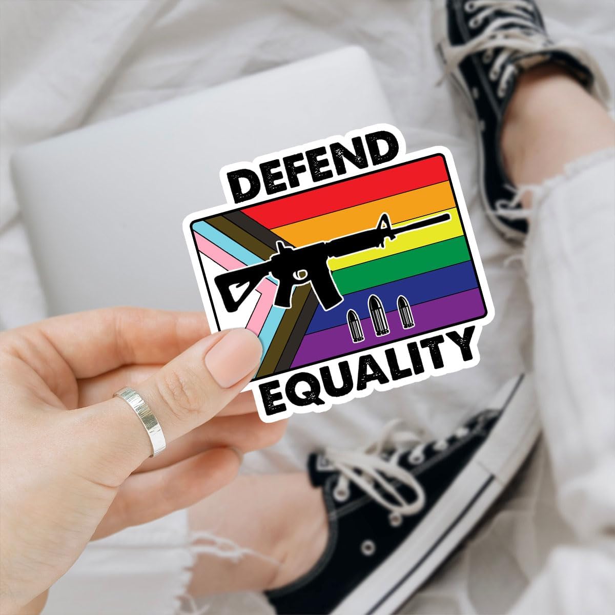 3 Pcs Defend Equality Stickers, LGBT Guns Pride Month Trans Gay, Funny G*n Sticker, Progress Pride Flag and Rifle Sticker for Water Bottle Tumbler Phone Case Laptop 3"x3"