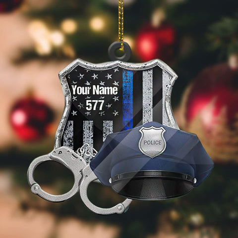 Parvii Personalized Name Police Ornaments Police Gifts Police Christmas Ornament Police Vest Bullet Proof Flat Hanging Printed Plastic Custom Police Ornament Decorations (Black Vest) (Badge with Hat)