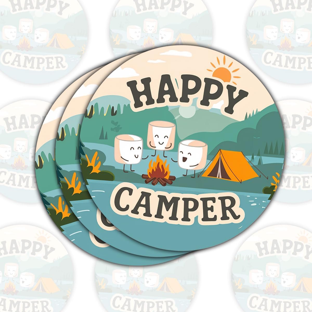 (3 Pcs) Happy Camper Marshmallows Sticker, Camping Stickers, Camp Stickers, Camping Decals for Laptop, Water Bottle, Tumbler, Phone Case, Hard Hat, Helmet, Gifts 3"x3"