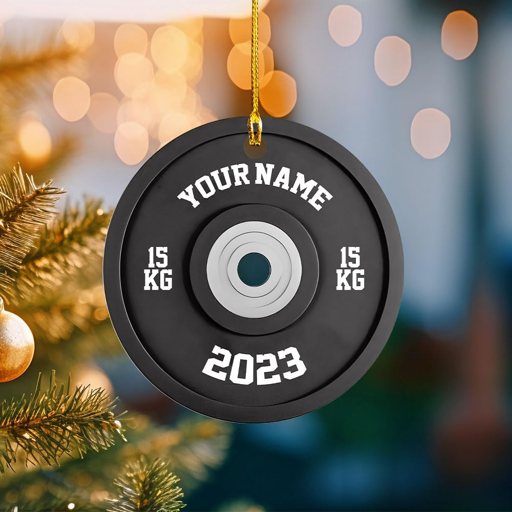 mostprints Personalized Dumbbell Ornament, Fitness Gift for Gym Workout Trainer Coach Instructor, Barbell Weight Plates Custom Ornament for Weightlifter, Weightlifting Ornament (D1)