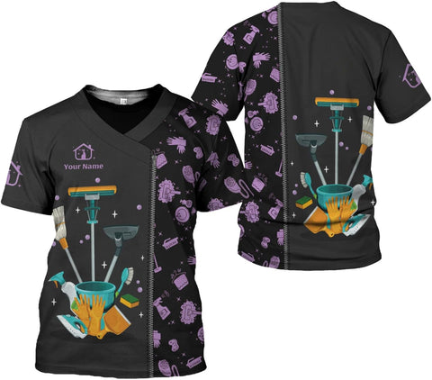 Personalized Housekeeping Shirts, Custom Cleaning Uniforms for Women 3D Cleaning Service Gifts Housekeeper Shirt Clean Lady