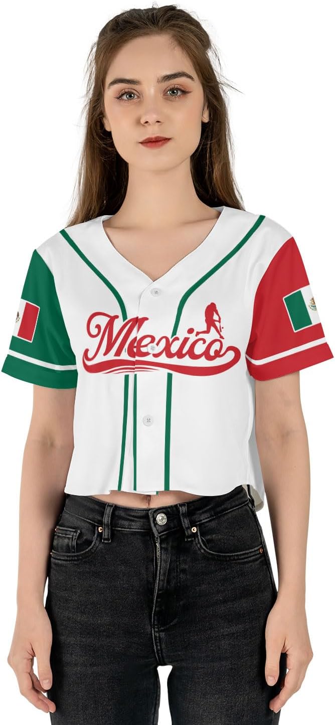 Mostprints Personalized Name Number Mexico Baseball Jersey Croptop Shirt, Mexican Shirts for Women, Mexico Shirts for Women