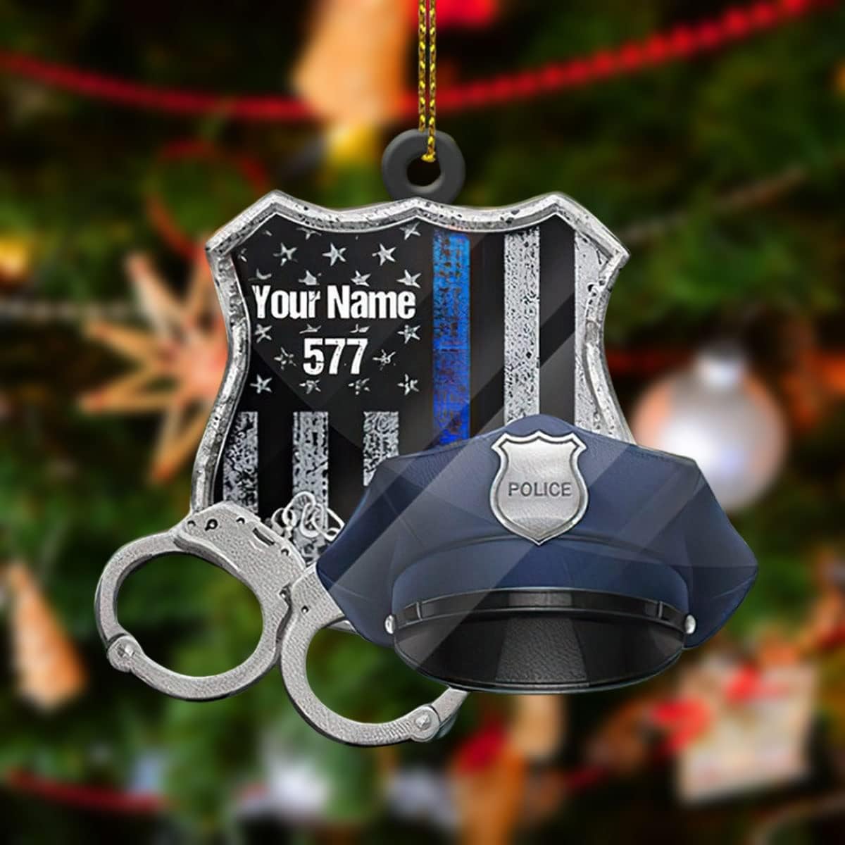 Parvii Personalized Name Police Ornaments Police Gifts Police Christmas Ornament Police Vest Bullet Proof Flat Hanging Printed Plastic Custom Police Ornament Decorations (Black Vest) (Badge with Hat)