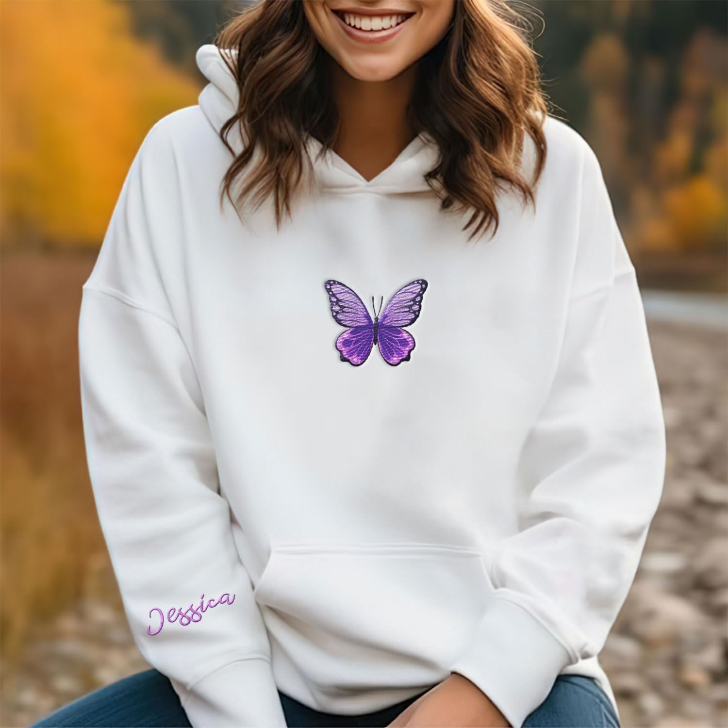 Podagree Personalized Butterfly Embroidered Sweatshirt, Custom Pink Butterfly Hoodie Name FLower Graphic