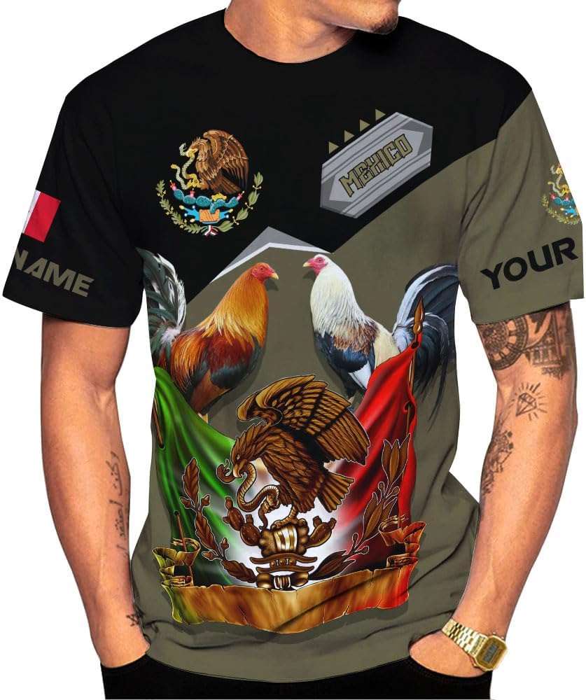 MoonArt Personalized Name Mexican Shirts for Men, Rooster Mexico Shirts for Men, Mexico Shirt Eagle Flag Mexican Eagle