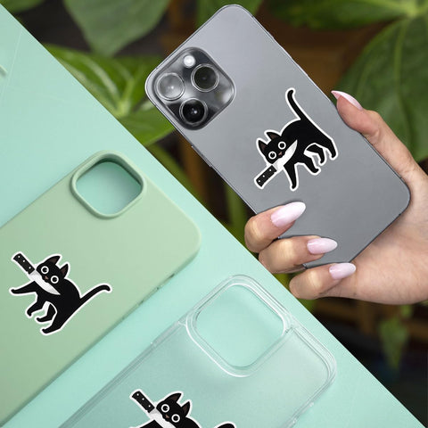 (3 Pcs) Halloween Black Cat Stickers with Knife, Cat Car Stickers and Decals, Catnap Stickers - Stickers for Laptop Water Bottle Phone Car Window Helmet Vinyl Stickers 3 Inches (Cat & Knife 2)