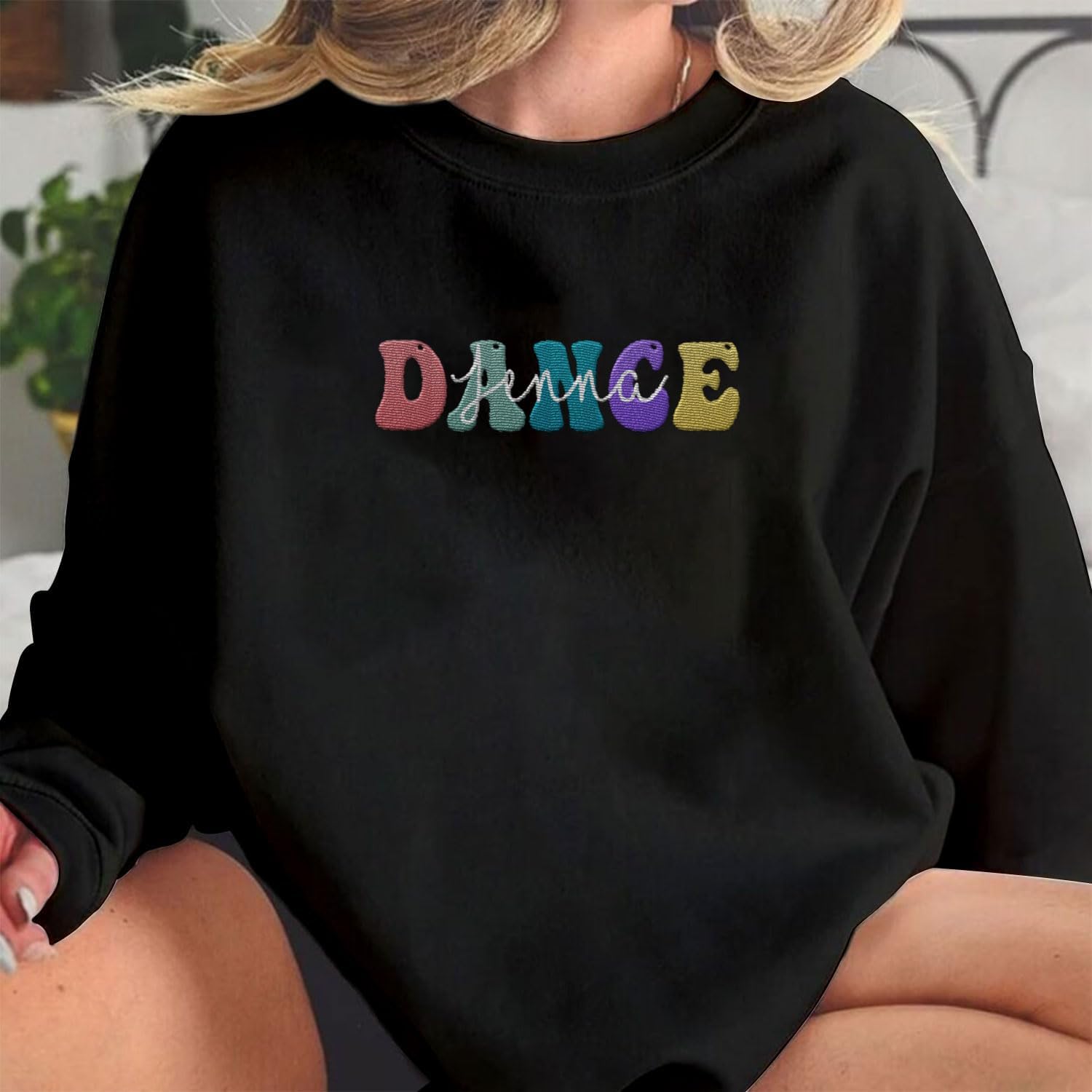 Custom Dance Embroidered Sweatshirt Women Long Sleeve Dancer Gift Shirts Crew Neck Casual Graphic Dance Mom Pullover Top