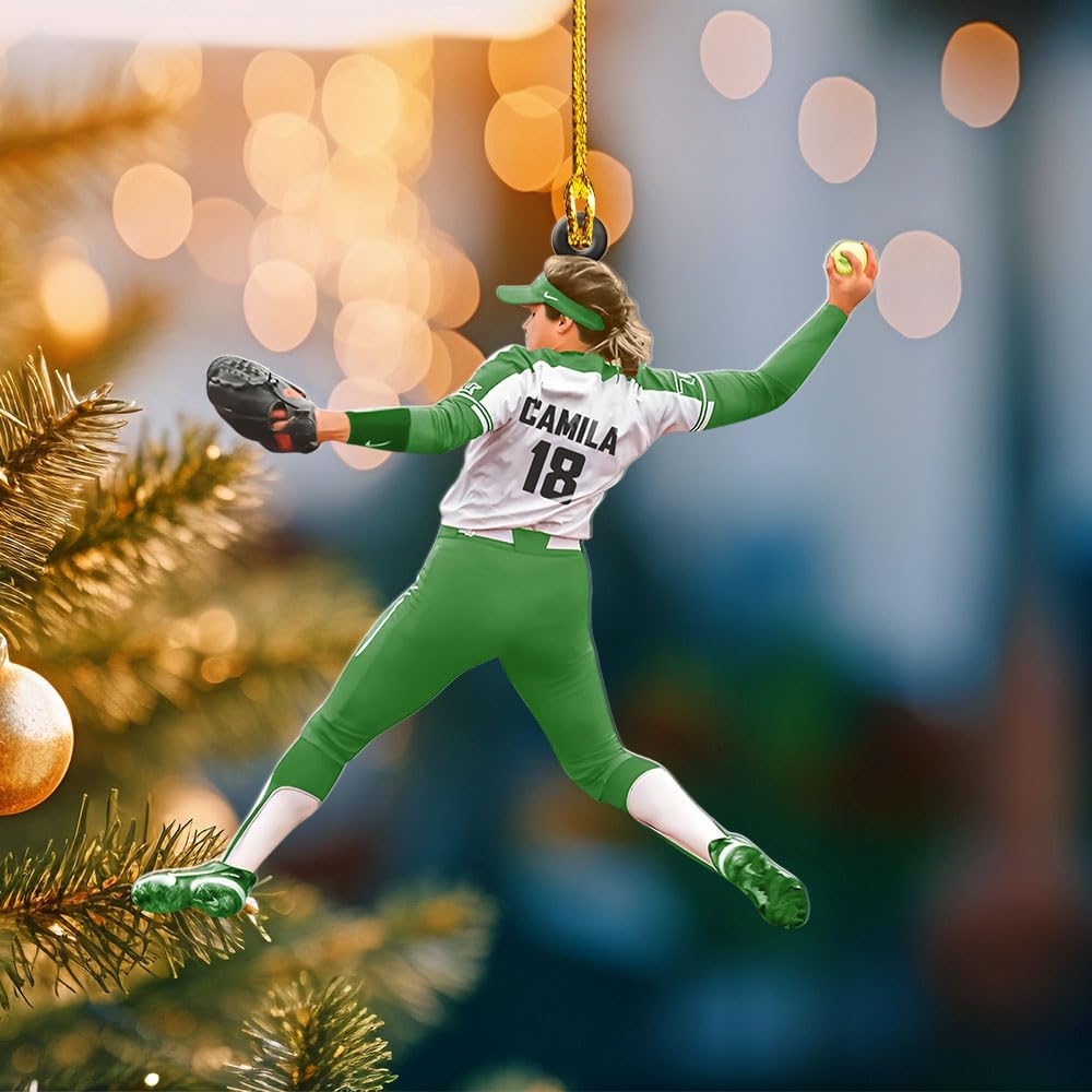 MoonArt Personalized Softball Ornament Christmas Tree Decoration Custom Softball Christmas Ornament 2D Shape Flat Softball Lover Gifts Beginner Softball Players Ornament Gift (SB3)