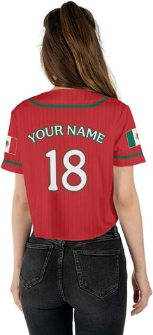 Mostprints Personalized Name Number Mexico Baseball Jersey Croptop Shirt, Mexican Shirts for Women, Mexico Shirts for Women