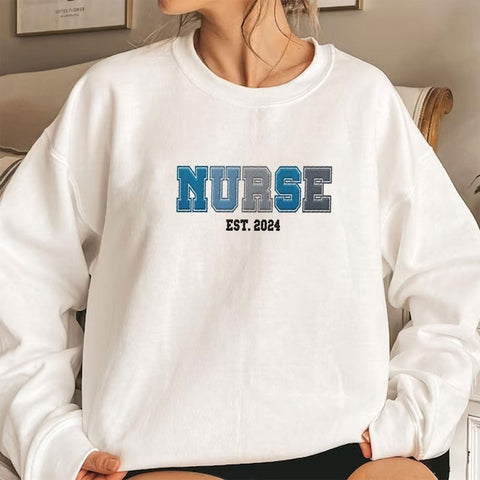 Custom Embroidered Nurse Sweatshirt Personalized Name Sleeve Gift for Women RN LPN CNA Cute Health Tee for School Medical