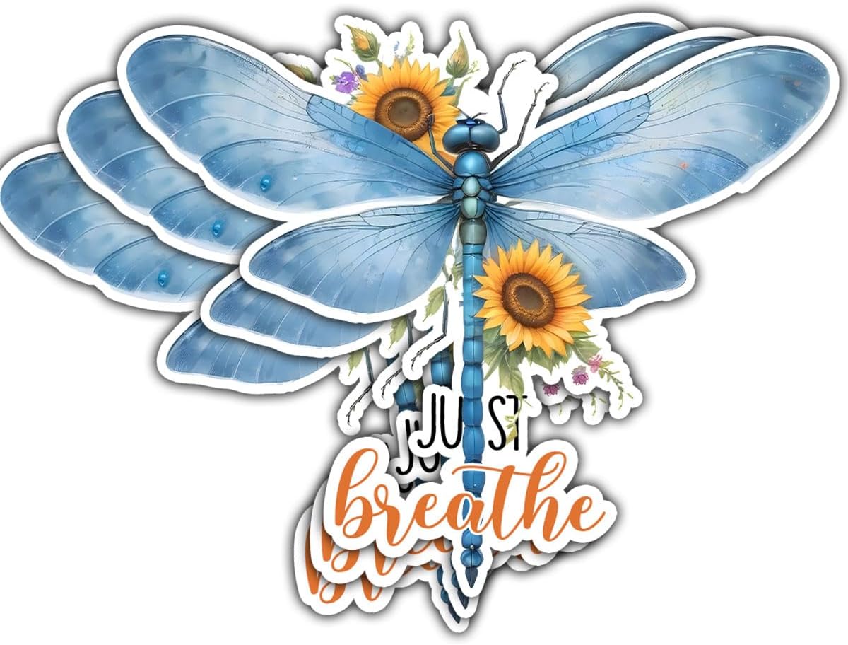 3 Pcs Breathe Sticker, Inspirational Just Breathe Quotes Sticker, Dragonfly Car Decal, Positivity Stickers - Stickers for Laptop Water Bottle Phone Car Window Helmet Vinyl Stickers 3 Inches