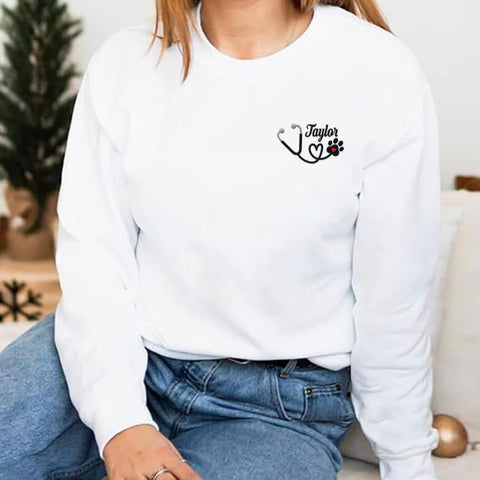 Intenprints Personalized Vet Embroidered Sweatshirt, Veterinarian Shirt with Name, Vet Tech Gift, Stethoscope and Dog Cat Paw