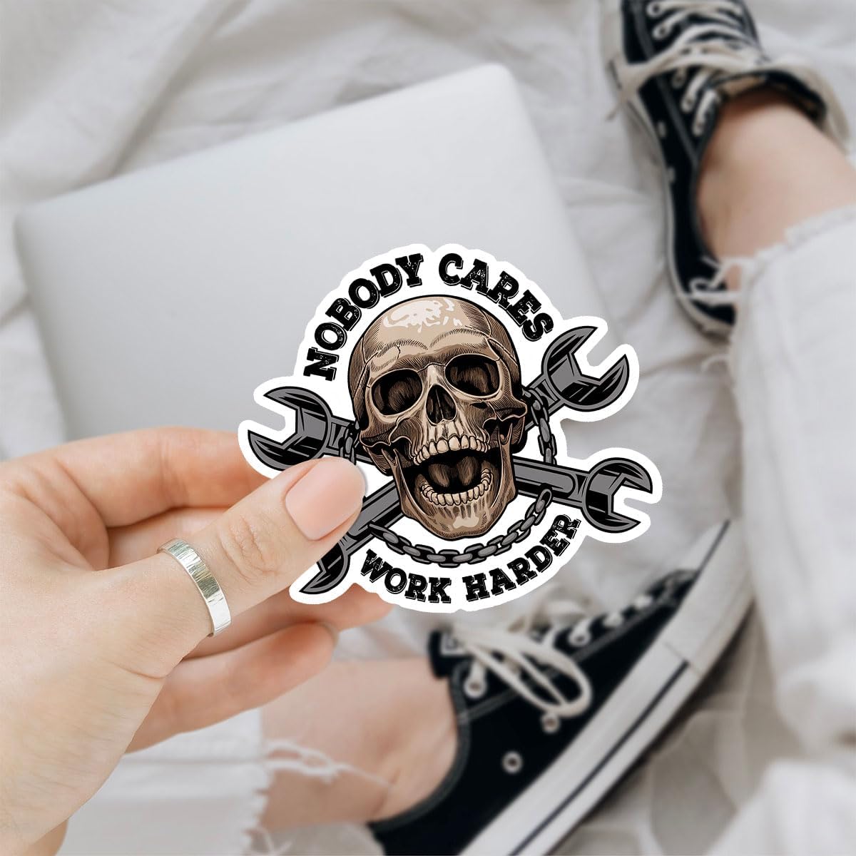 3 Pcs Nobody Cares Work Harder Stickers, Inspirational Quote Stickers Skull Mechanic Engineer Vinyl Sticker for Toolbox Instruction Helmet Welder Water Bottle Tumbler Phone Case 3"x3"