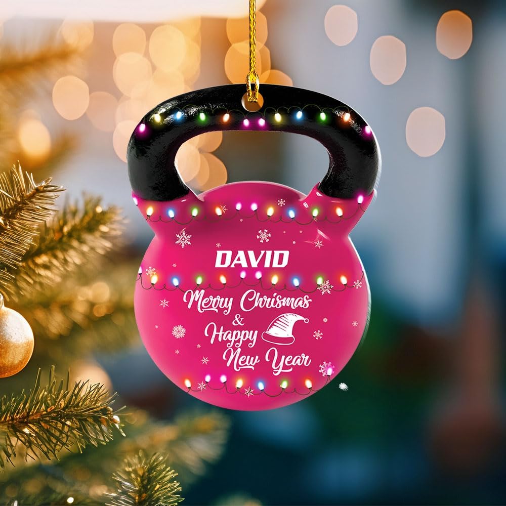 mostprints Personalized Dumbbell Ornament, Fitness Gift for Gym Workout Trainer Coach Instructor, Barbell Weight Plates Custom Ornament for Weightlifter, Weightlifting Ornament (D2)