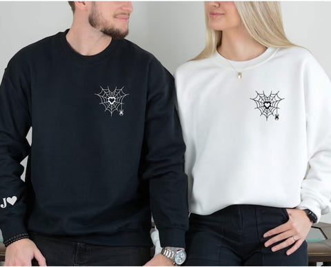 Personalized Embroidered Heart Hoodies For Couples, Matching Couple Sweaters Custom Anniversary Sweatshirts Spider Heart